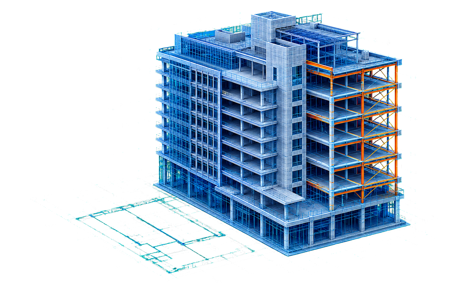 Isometric architectural building with structural steel and blueprint dimensions